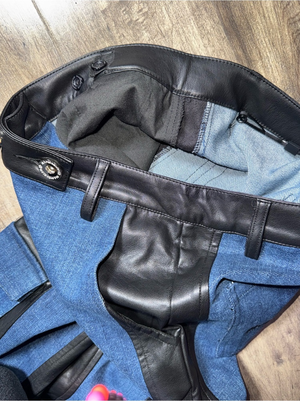 Maniere De Voir Denim Leather Biker Cargo Pants Sz 2 UK 6 Moto Patchwork - Picture 12 of 14